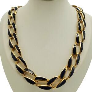 Black Enamel Gold Tone Choker Oval Link Necklace Chunky Strand Collar 1980s Vtg